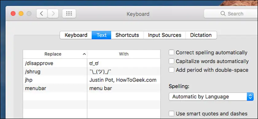 جایگزینی خودکار متن (Text Replacement)
