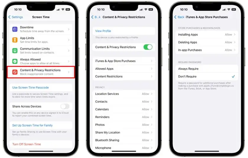تنظیمات Content & Privacy Restrictions