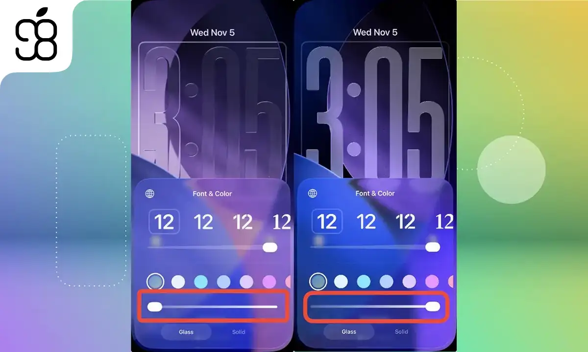 قابلیت Liquid Slider برای ساعت لاک اسکرین آیفون در iOS 26.2