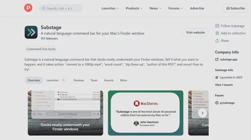 توضیحات برنامه Substage در وبسایت Product Hunt