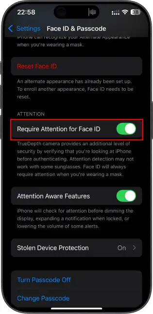 گزینه ی Require Attention for Face ID